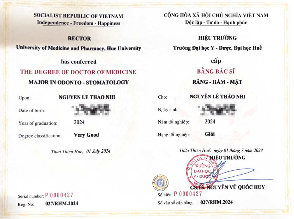 BẰng CẤp BÁc SĨ ThẢo Nhi Ngang