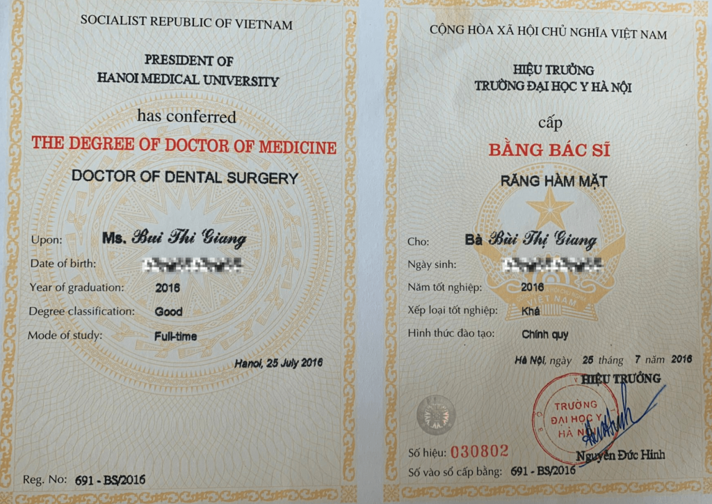 Bằng cấp bác sĩ Giang Bằng cấp bác sĩ Giang