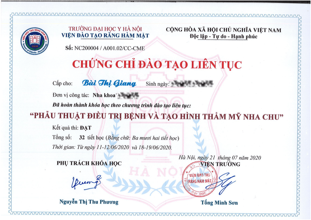 Bằng cấp bác sĩ Giang Bằng cấp bác sĩ Giang