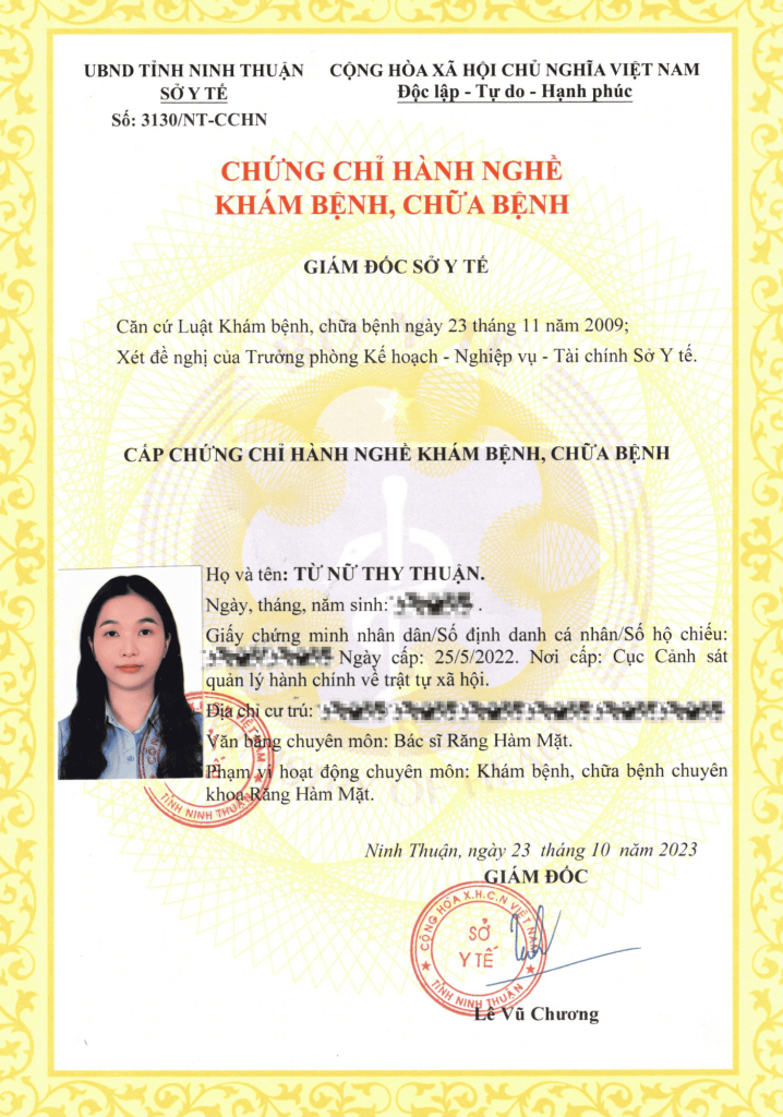 Chứng chỉ hành nghề – Bác sĩ Thy Thuận